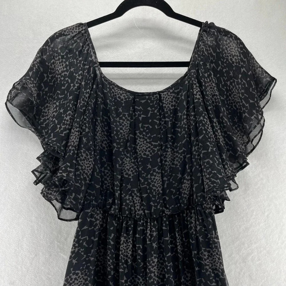 Shoshanna Dress Size 4 Silk Chiffon Geometric A-Line Mini Flutter Sleeve Black - Picture 5 of 12